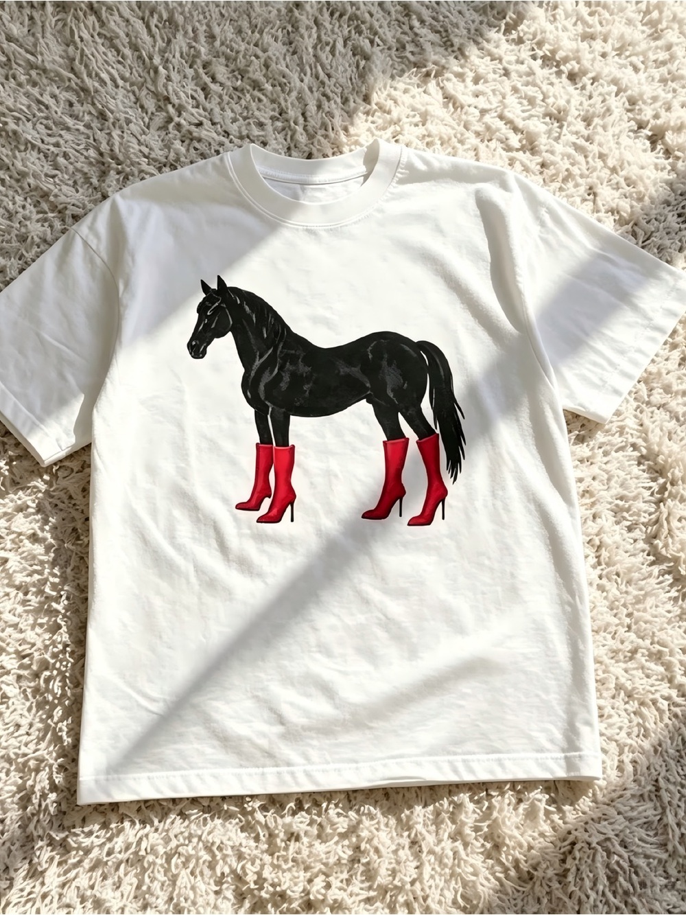 Surreal Black Horse Red High Heels White Aesthetic Graphic T-shirt Unisex